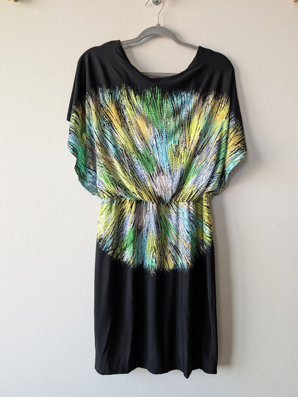 Maggy London Spandex Waist Black Green Midi Dress Size 10 Bold Abstract Burst